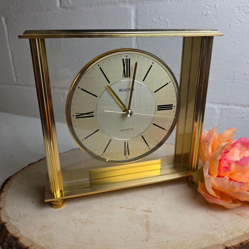Vintage 90s Bulova Grand Prix B1700 Skeleton-Style Tabletop Mantel Clock